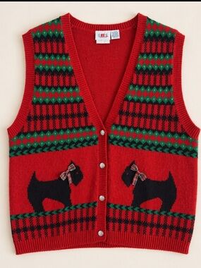 Y2K Alia Red Christmas Sweater Vest L Scottie Dog Fair Isle Button Front Quirky